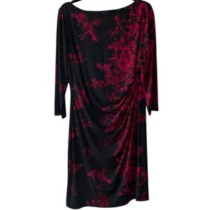 Chaps XL Black Floral Side Ruched 3/4 Sleeve Stretch Knit Midi Dress